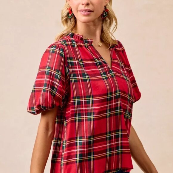 BiBi Christmas Plaid Short Sleeves Ruffled Blouse - Picture 6 of 11